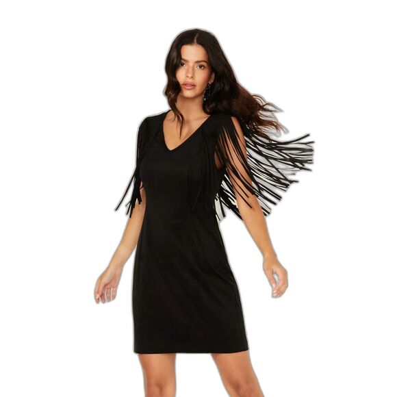 Idyllwind Lady Bird Black Fringe Faux Suede Mini Dress Size L Western Boho - Picture 3 of 10